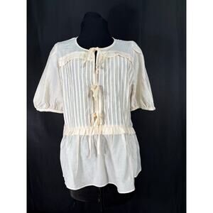 Laura Ashley Boho Blouse Bow Ties Ruffle, Gauze Cream Top, Puffy Short Sleeves